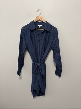 Creamy Navy Blue Knit Eyelet Casual Summer Cotton Shirt Dress with Waist Tie